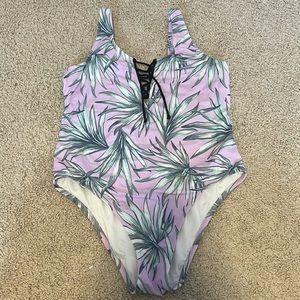 PINK Lace-Up Floral Print One Piece Swimsuit